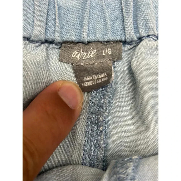 Aerie Paper Bag Waist Blue Shorts Chambray Women's Size Large Belted - Picture 2 of 7